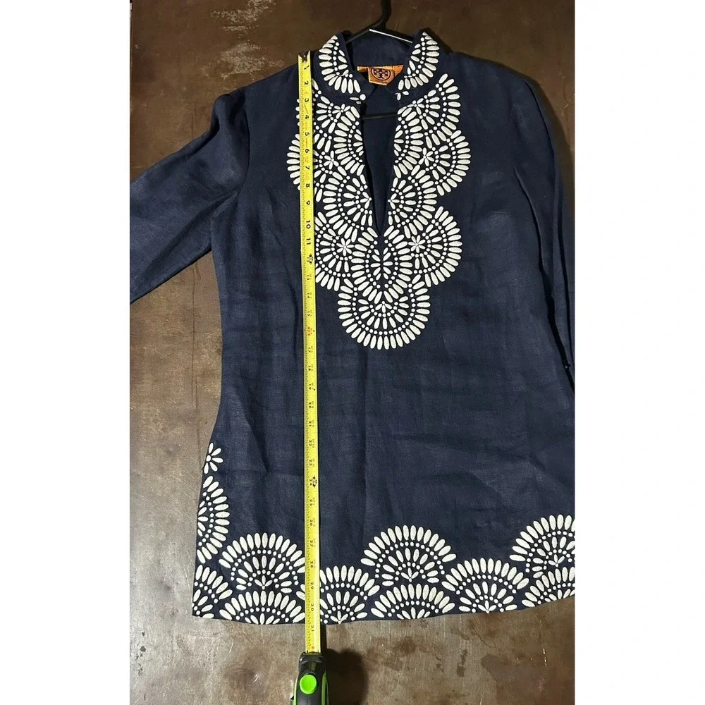Tory Burch Women's Navy White Linen Tunic Top Sz 8 Boho Chic Preppy Coastal